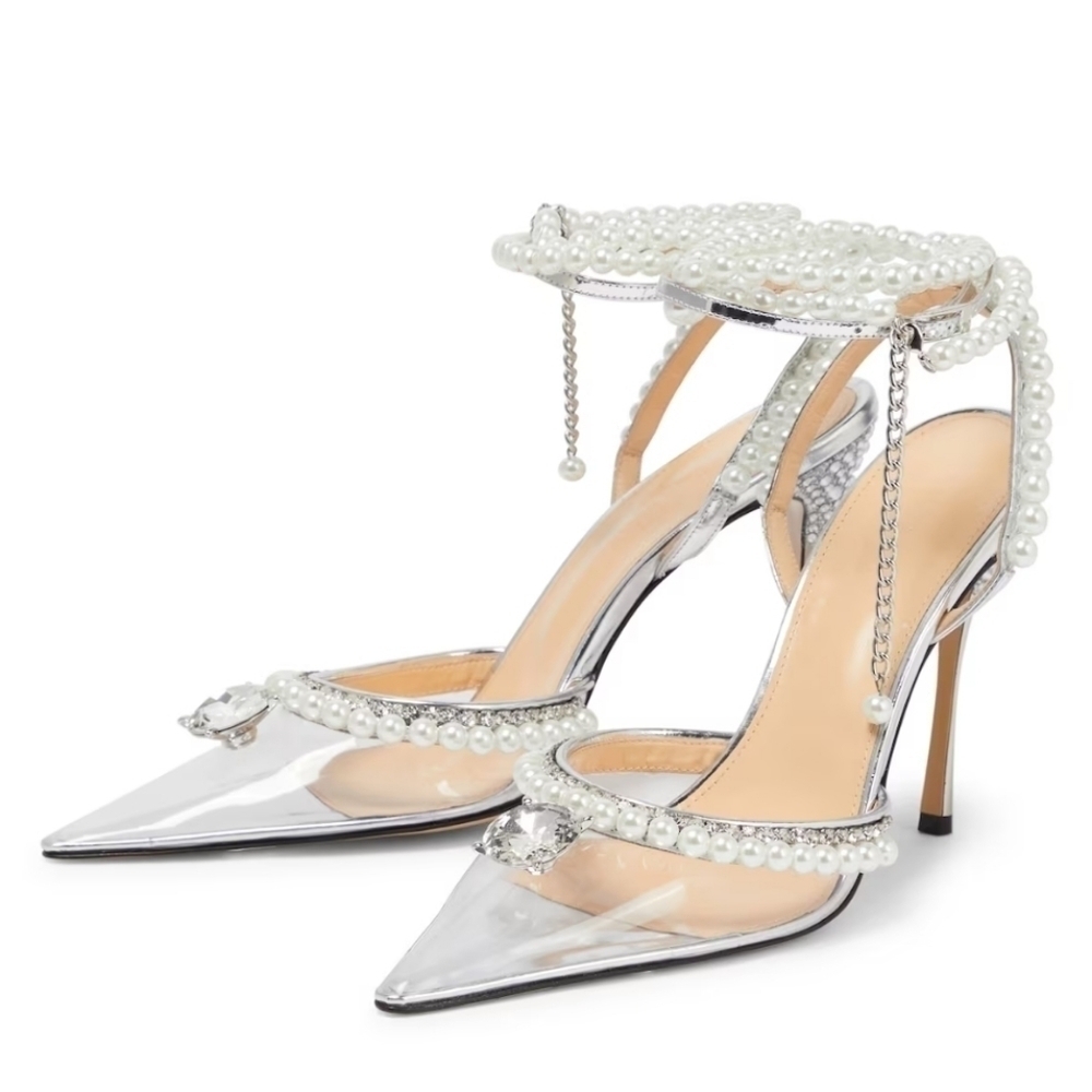 Mach & Mach Diamond of Elizabeth Imitation Pearl Pointed Pump SILVER Size 8.5 - Picture 2 of 14